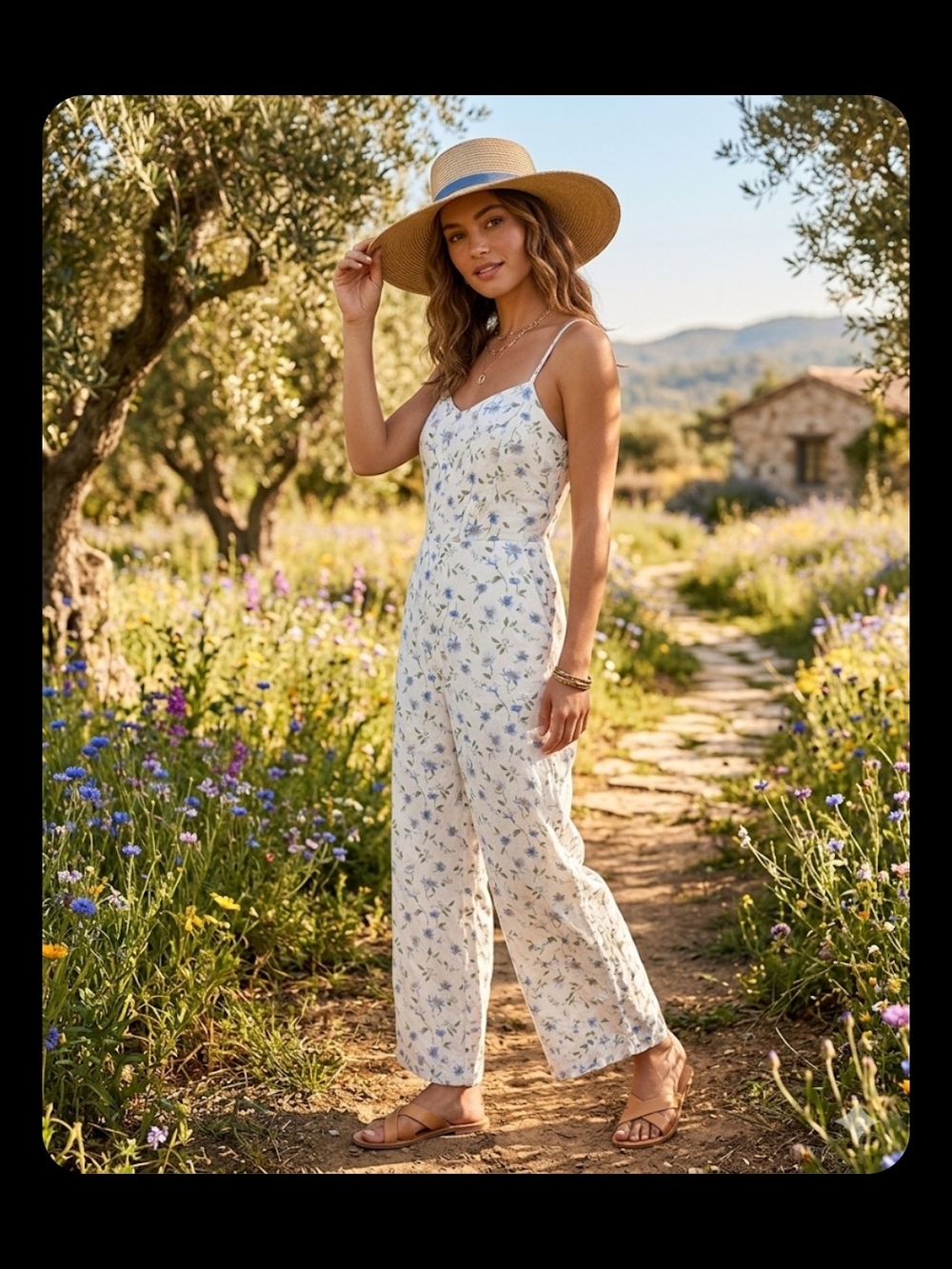 Old Navy Cream Spaghetti-Strap Floral Wide-Leg Jumpsuit